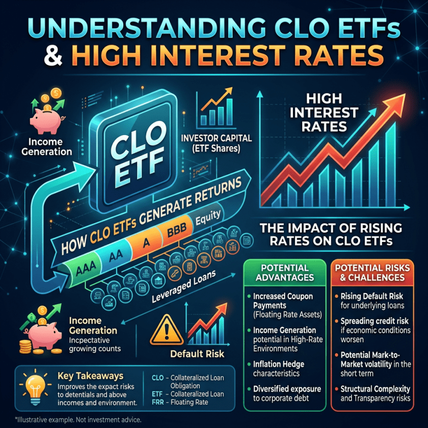 Infographic showing CLO ETFs generating returns from leveraged loans with impact of high interest rates
