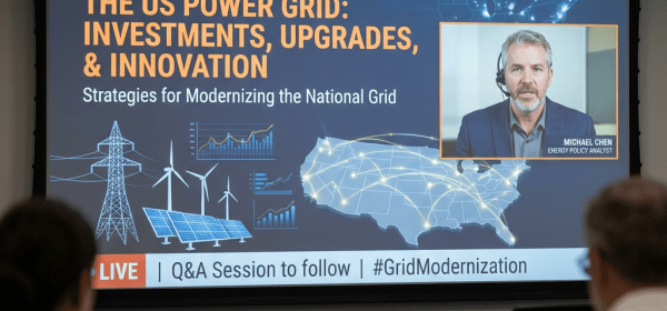 Webinar screen titled The US Power Grid: Investments, Upgrades, & Innovation with speaker Michael Chen