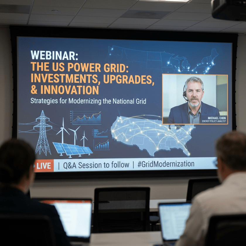 Webinar screen titled The US Power Grid: Investments, Upgrades, & Innovation with speaker Michael Chen