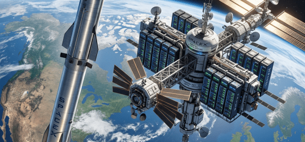 SpaceX rocket ascending beside a multi-module space station with solar panels orbiting Earth