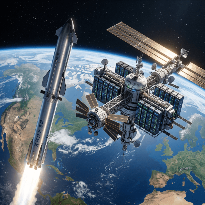SpaceX rocket ascending beside a multi-module space station with solar panels orbiting Earth