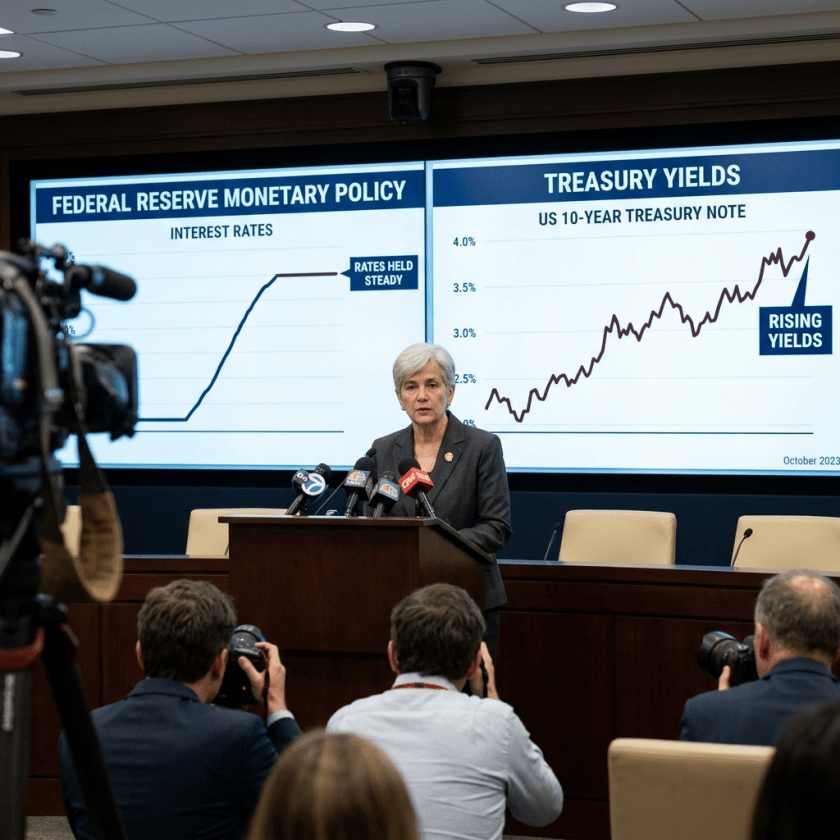 Federal Reserve official speaking in front of charts on interest rates and treasury yields at a press conference