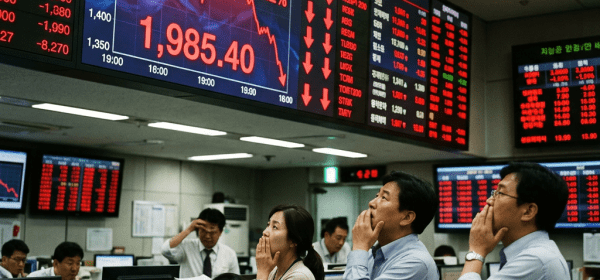 Stock traders watching KOSPI 200 index drop sharply to 1985.40 with red arrows and negative percentages