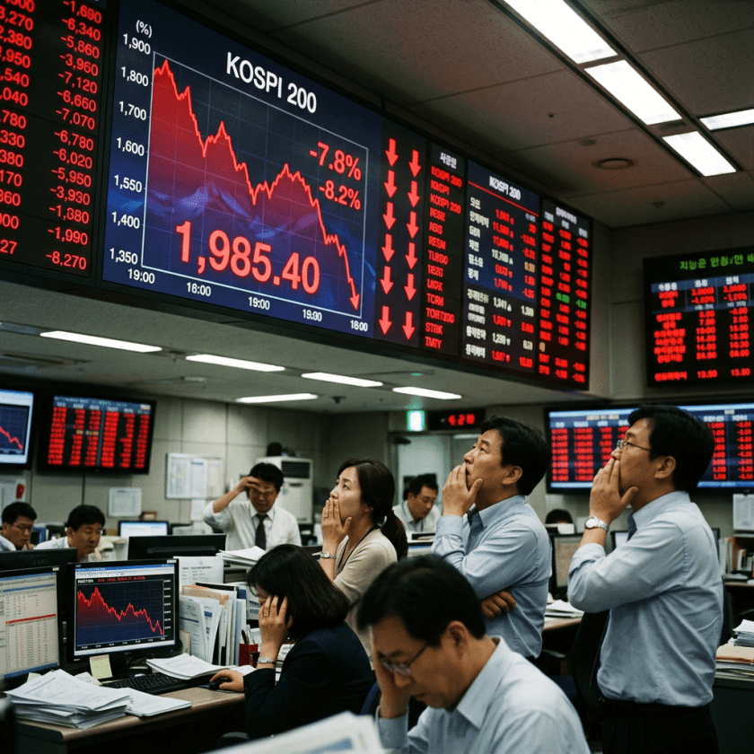 Stock traders watching KOSPI 200 index drop sharply to 1985.40 with red arrows and negative percentages