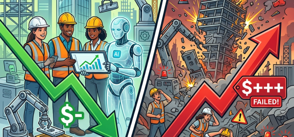 Construction scene with AI reducing build costs on left and building failure with rising costs on right