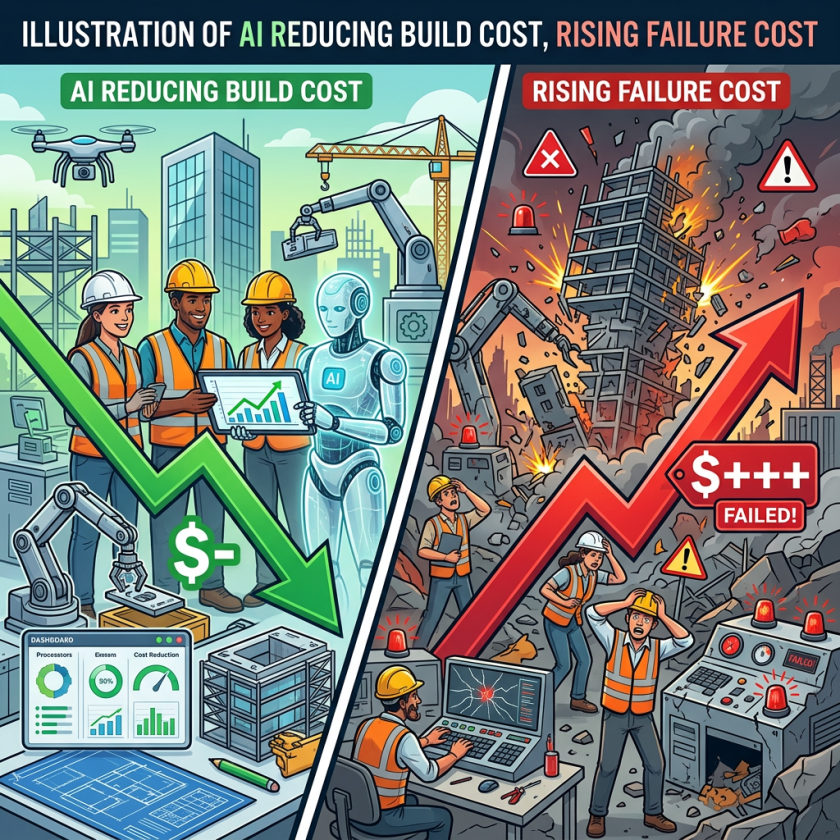 Construction scene with AI reducing build costs on left and building failure with rising costs on right