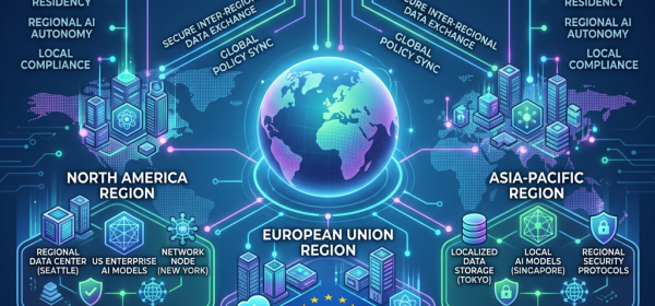 Diagram showing enterprise AI governance with regional networks in North America, European Union, and Asia-Pacific