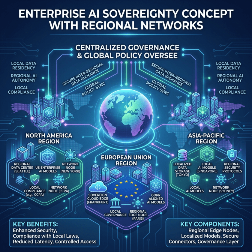 Diagram showing enterprise AI governance with regional networks in North America, European Union, and Asia-Pacific