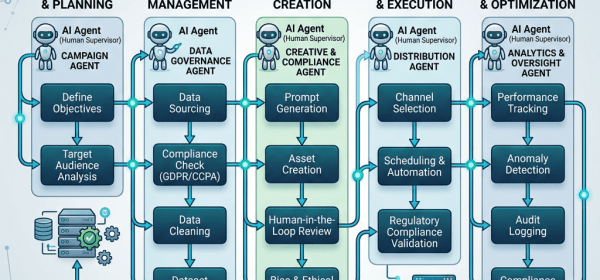 Workflow diagram showing AI marketing governance including strategy, data management, content creation, deployment, and monitoring stages with compliance checkpoints
