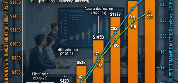 Bar and line graph depicting corporate AI investment in billions and indexed business performance metrics from 2018 to 2025.