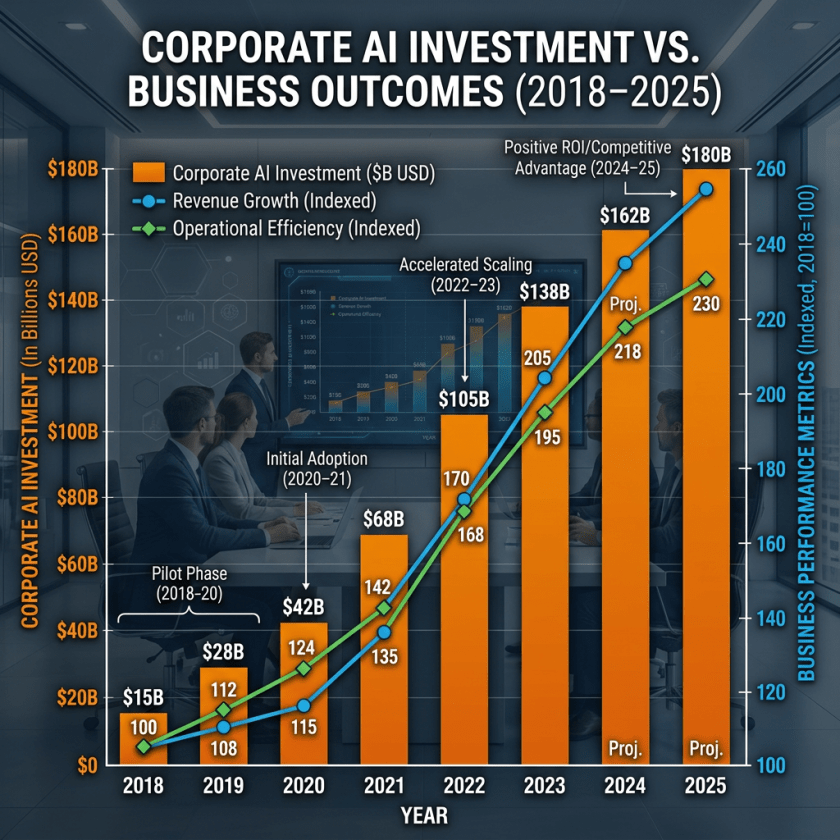 Bar and line graph depicting corporate AI investment in billions and indexed business performance metrics from 2018 to 2025.