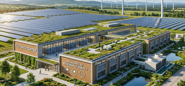 Eco data center powered by renewable energy with solar panels, wind turbines, and green roofs