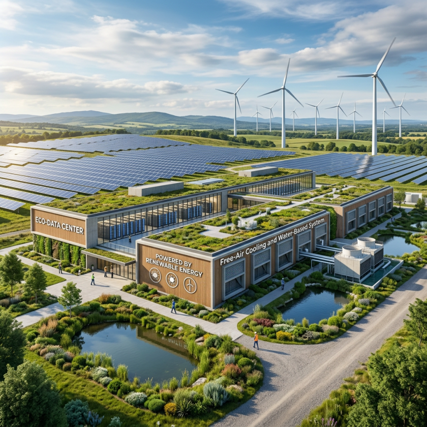 Eco data center powered by renewable energy with solar panels, wind turbines, and green roofs