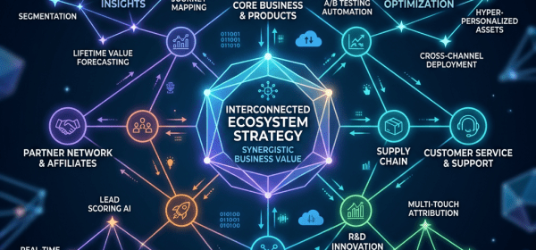Diagram showing interconnected ecosystem strategy with AI marketing elements like predictive customer insights, content optimization, supply chain, partner network, marketing automation, and channel performance linked to core business products.