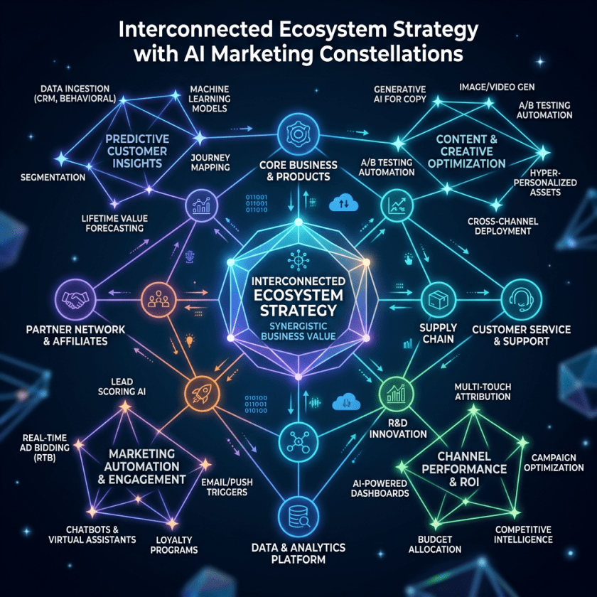 Diagram showing interconnected ecosystem strategy with AI marketing elements like predictive customer insights, content optimization, supply chain, partner network, marketing automation, and channel performance linked to core business products.