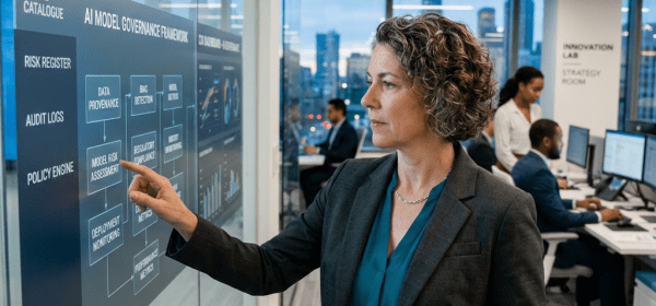 Woman pointing at AI model governance framework diagram on transparent digital board while holding tablet