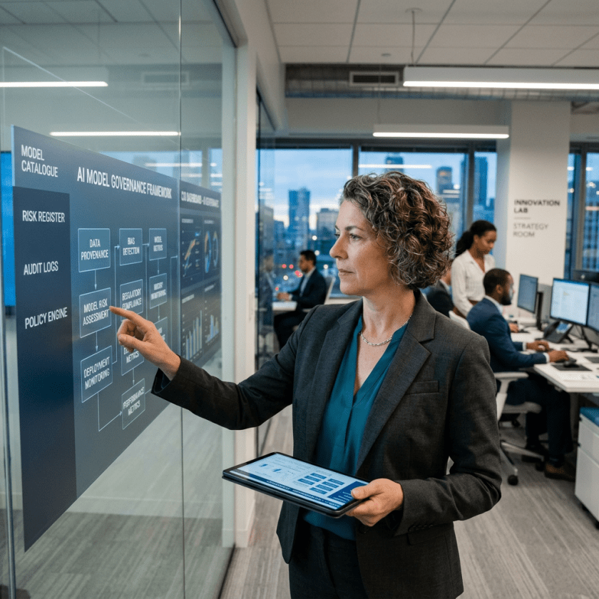 Woman pointing at AI model governance framework diagram on transparent digital board while holding tablet