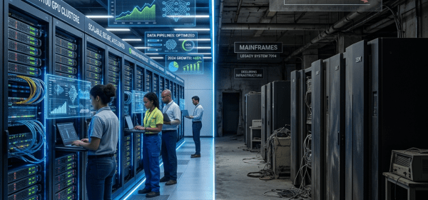 Modern enterprise AI infrastructure with Nvidia GPU clusters and holographic data displays contrasted with old legacy mainframe computers in a decaying data center