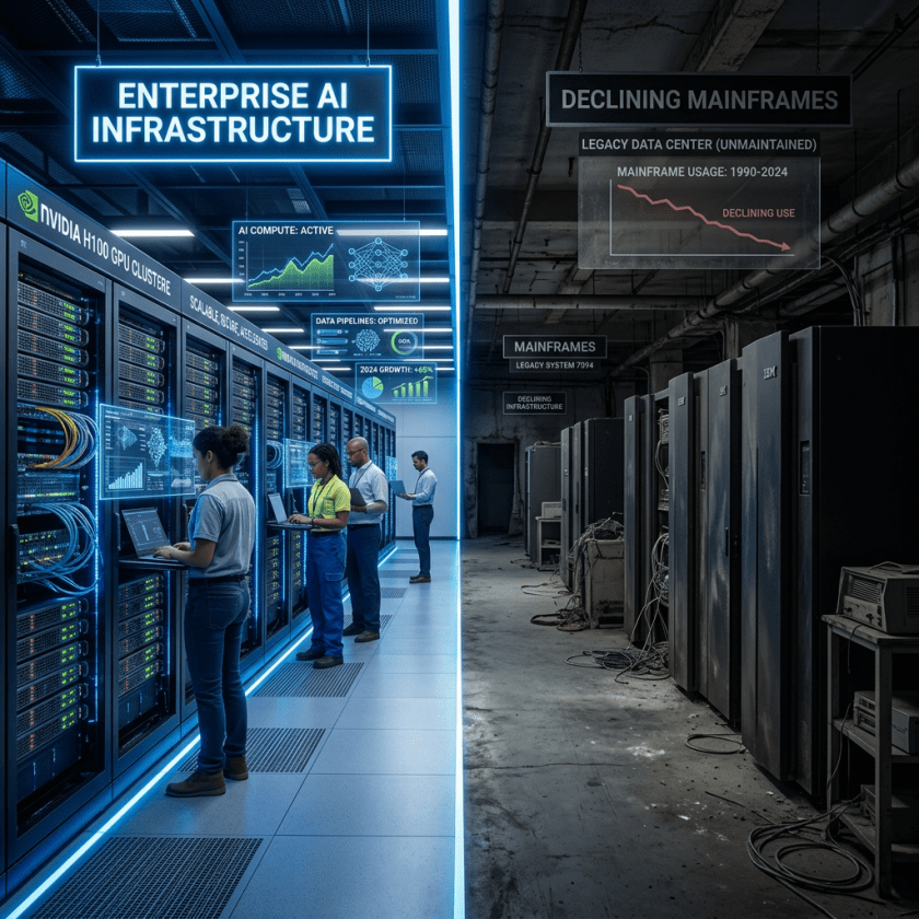 Modern enterprise AI infrastructure with Nvidia GPU clusters and holographic data displays contrasted with old legacy mainframe computers in a decaying data center