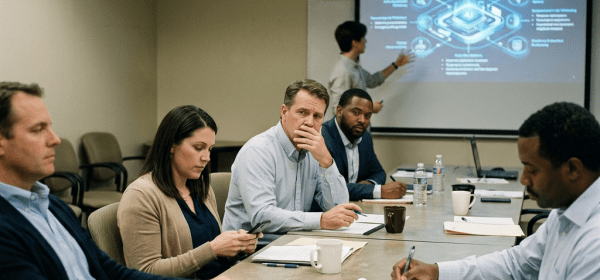 Five business professionals in a conference room listening to a presentation on leveraging AI for operational efficiency