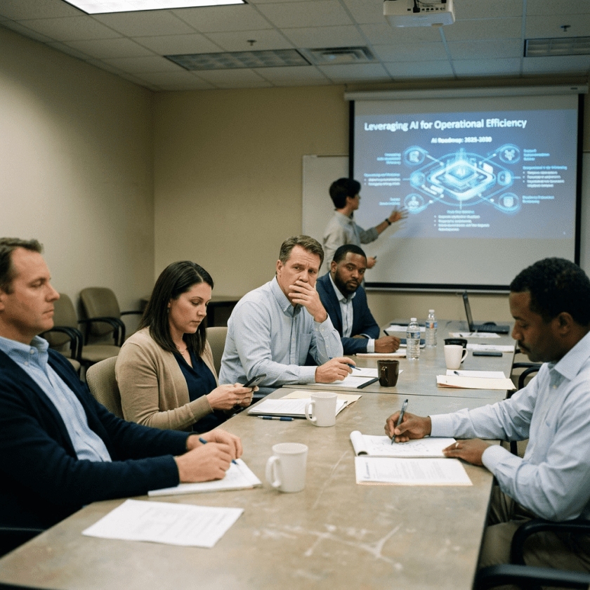 Five business professionals in a conference room listening to a presentation on leveraging AI for operational efficiency