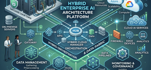 Hybrid enterprise AI architecture platform connecting on-premise servers, private cloud, and public cloud providers like AWS, Azure, and Google Cloud with workflows for data management, model development, deployment, and monitoring.