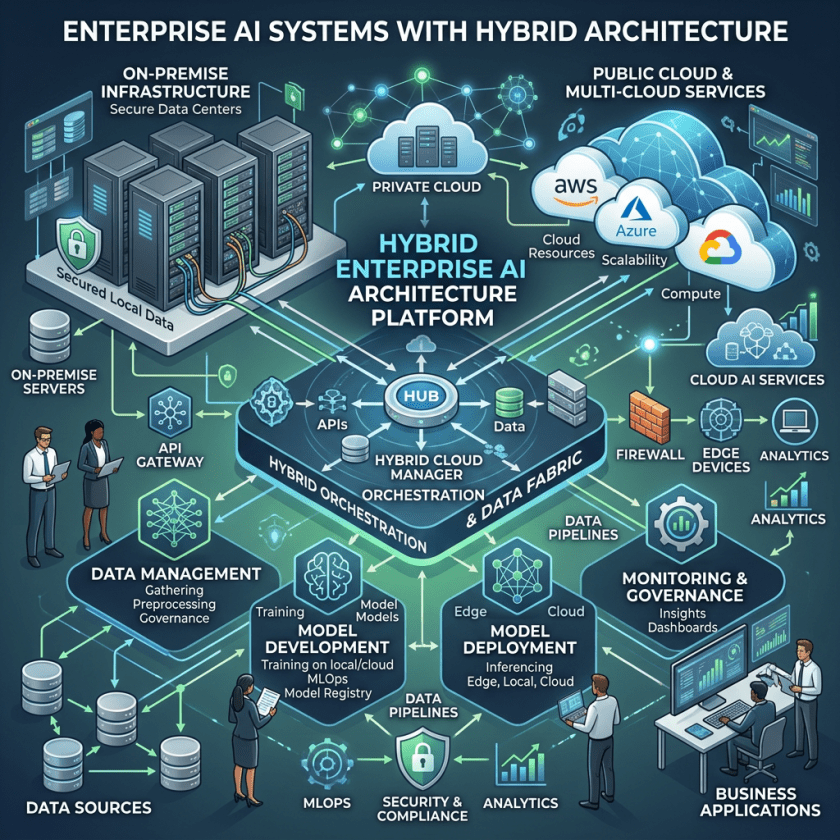 Hybrid enterprise AI architecture platform connecting on-premise servers, private cloud, and public cloud providers like AWS, Azure, and Google Cloud with workflows for data management, model development, deployment, and monitoring.
