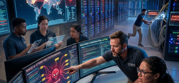 Cybersecurity experts monitoring AI threat and coordinating response in data center