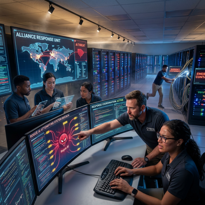 Cybersecurity experts monitoring AI threat and coordinating response in data center