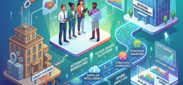 Illustration of transitioning from legacy systems to modern procurement using AI-powered insights and cloud platform