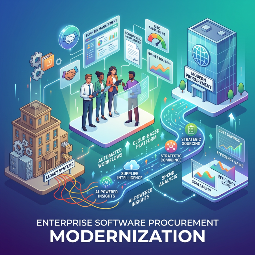 Illustration of transitioning from legacy systems to modern procurement using AI-powered insights and cloud platform