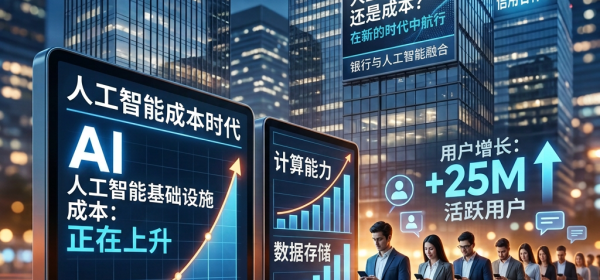 Digital billboards showing rising AI infrastructure costs, computation power, data storage, and increased active users in a city financial district