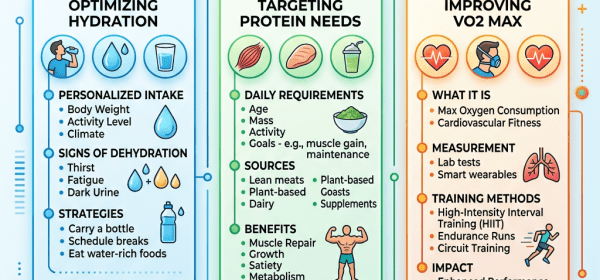 Guide detailing hydration optimization, protein requirements, and VO2 max improvement methods