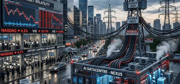 AI data center labeled Nexus with protests about AI scrutiny and market volatility in city street