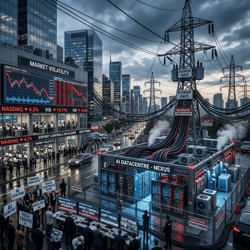 AI data center labeled Nexus with protests about AI scrutiny and market volatility in city street