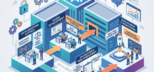 Diagram showing enterprise AI governance stages including data ingestion, model development, risk assessment, and deployment monitoring.