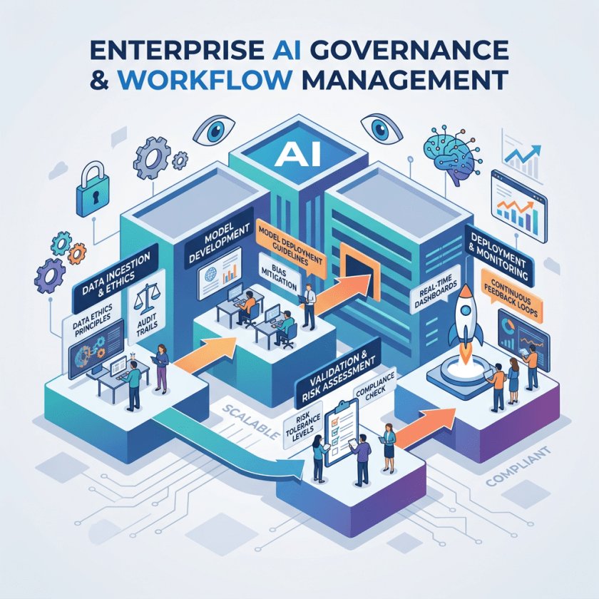 Diagram showing enterprise AI governance stages including data ingestion, model development, risk assessment, and deployment monitoring.