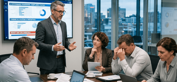 Business team in a meeting discussing AI governance compliance and budget shortfall
