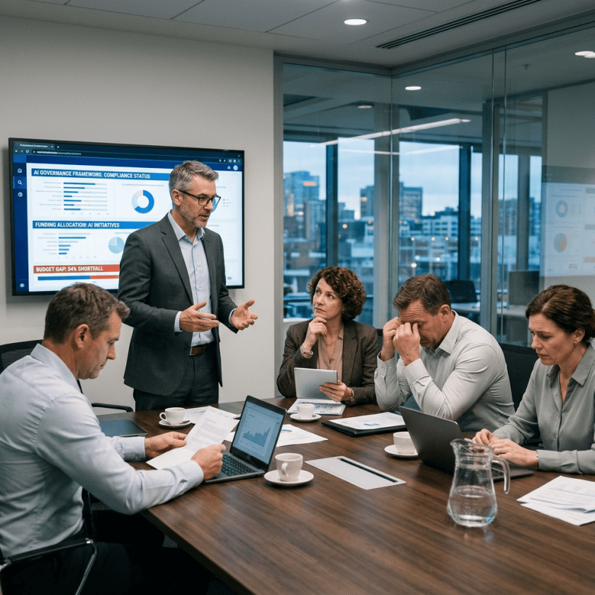 Business team in a meeting discussing AI governance compliance and budget shortfall