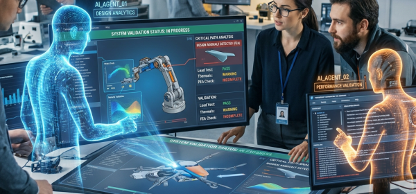 Engineers working with AI holograms analyzing robotic arm design and system validation