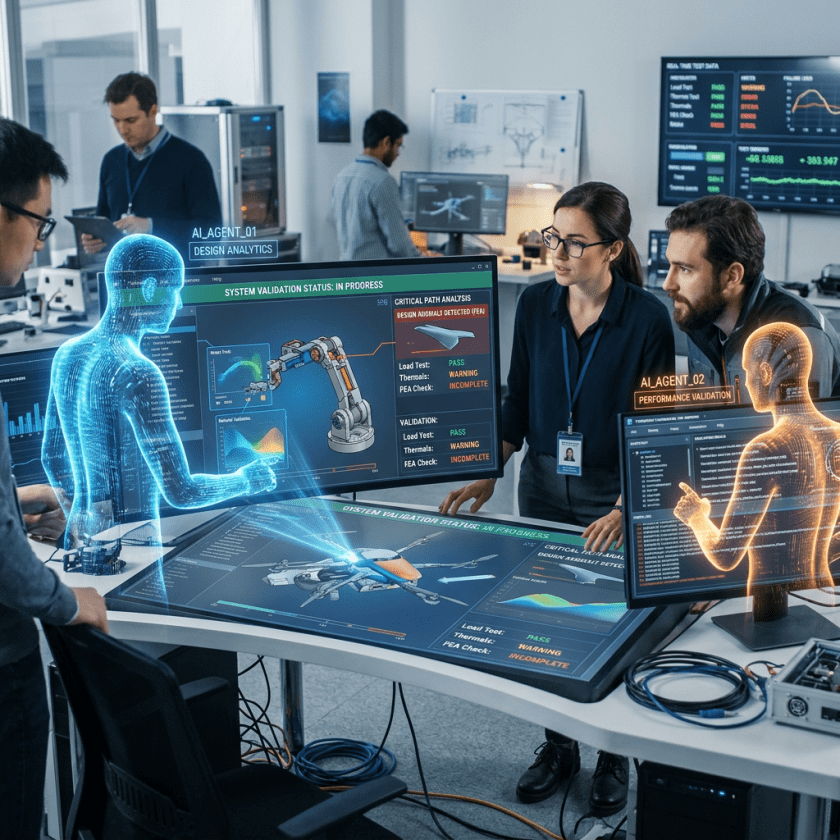 Engineers working with AI holograms analyzing robotic arm design and system validation