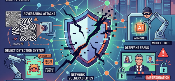 Illustration showing AI security threats to companies including data poisoning, adversarial attacks, model theft, deepfake fraud, network vulnerabilities, object detection errors, and AI-driven supply chain attacks.