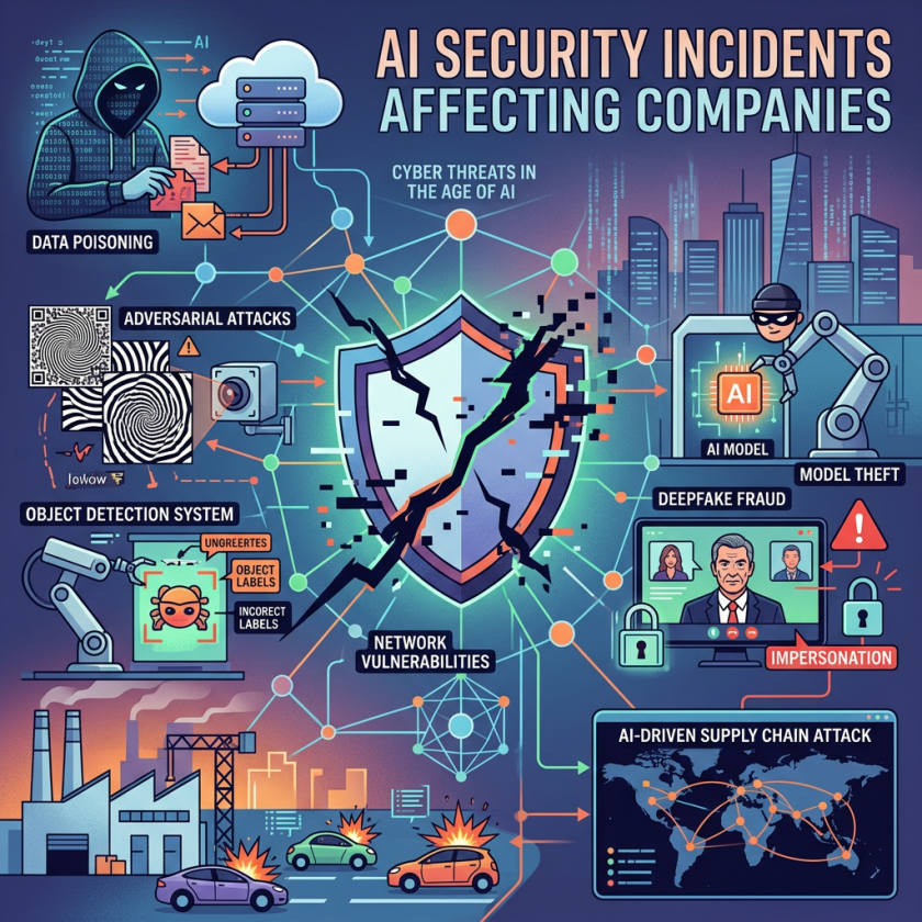 Illustration showing AI security threats to companies including data poisoning, adversarial attacks, model theft, deepfake fraud, network vulnerabilities, object detection errors, and AI-driven supply chain attacks.