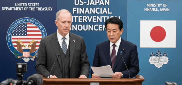 Two officials at a podium making a US-Japan financial intervention announcement with flags and seals behind them.