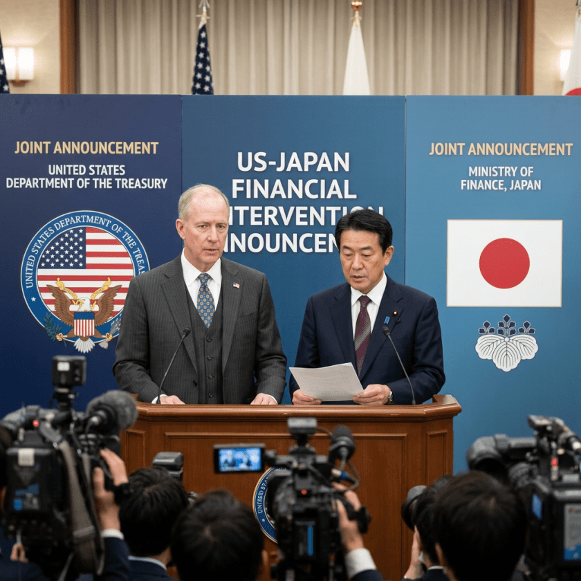 Two officials at a podium making a US-Japan financial intervention announcement with flags and seals behind them.