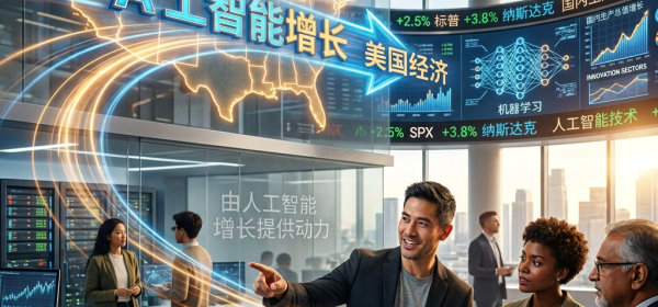 Business team analyzing AI growth and its impact on the US economy with digital graphs and charts