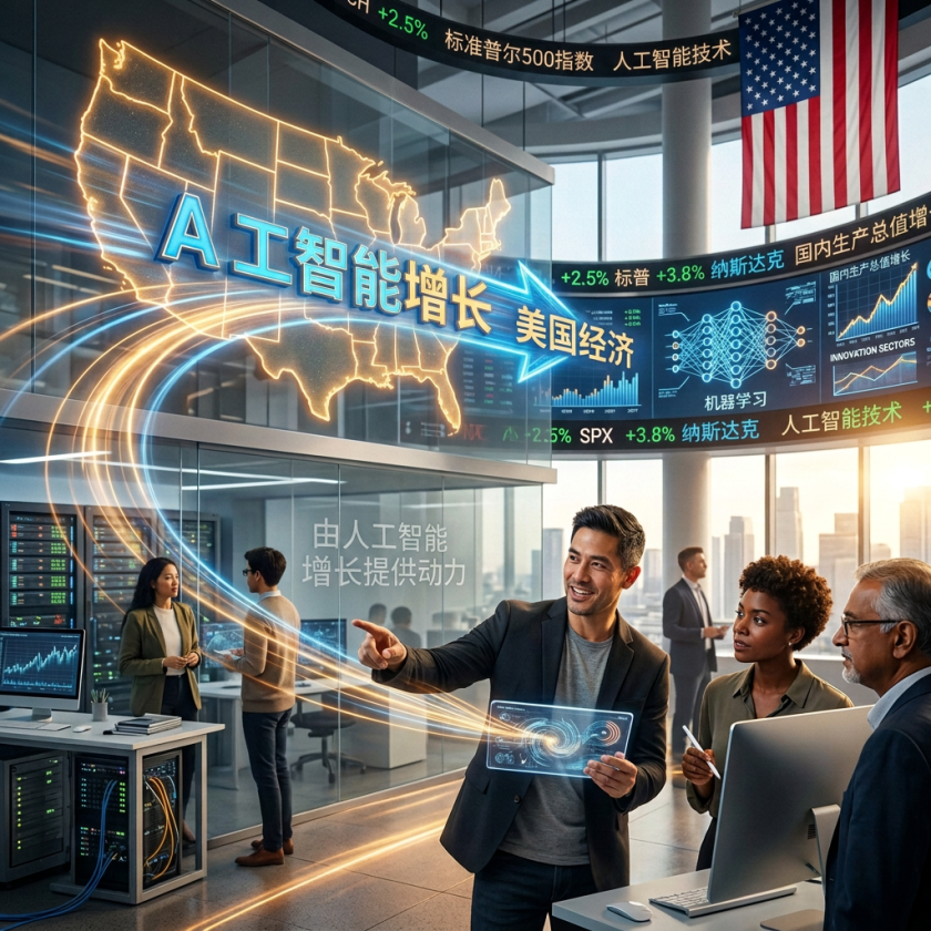 Business team analyzing AI growth and its impact on the US economy with digital graphs and charts