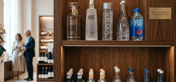 Shelf with assorted premium bottled waters including Aqua Divina, Mont Blanc Glacier, Voss, Evian, Fiji, Pellegrino, Acqua Panna, Artesian Blue, Himalayan Pure