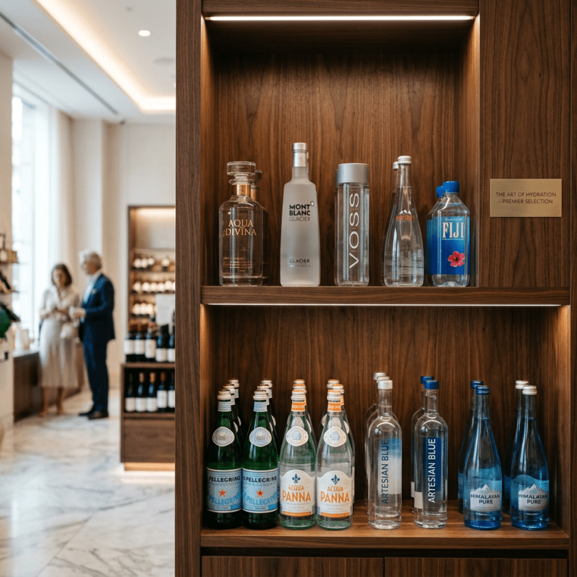 Shelf with assorted premium bottled waters including Aqua Divina, Mont Blanc Glacier, Voss, Evian, Fiji, Pellegrino, Acqua Panna, Artesian Blue, Himalayan Pure