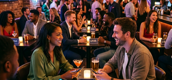 Couples interacting and holding smartphones at an AI matchmaking event in a bar